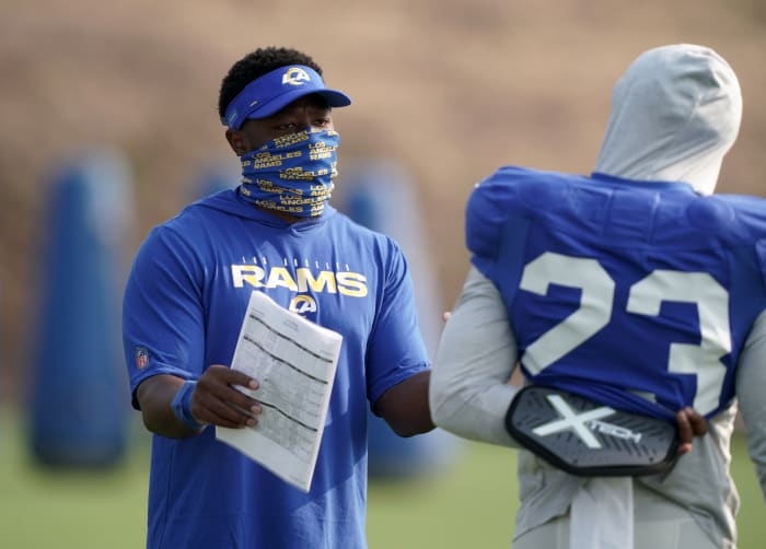Aug 21, 2020; Thousand Oaks, CA, USA; Los Angeles Rams running back Thomas Brown (left) talks with running back Cam AKers (23) during training camp at Cal Lutheran University. Mandatory Credit: Kirby Lee-USA TODAY Sports